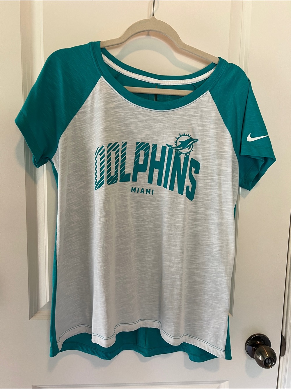 Nike Miami Dolphins Teal and White Women's Raglan Tee